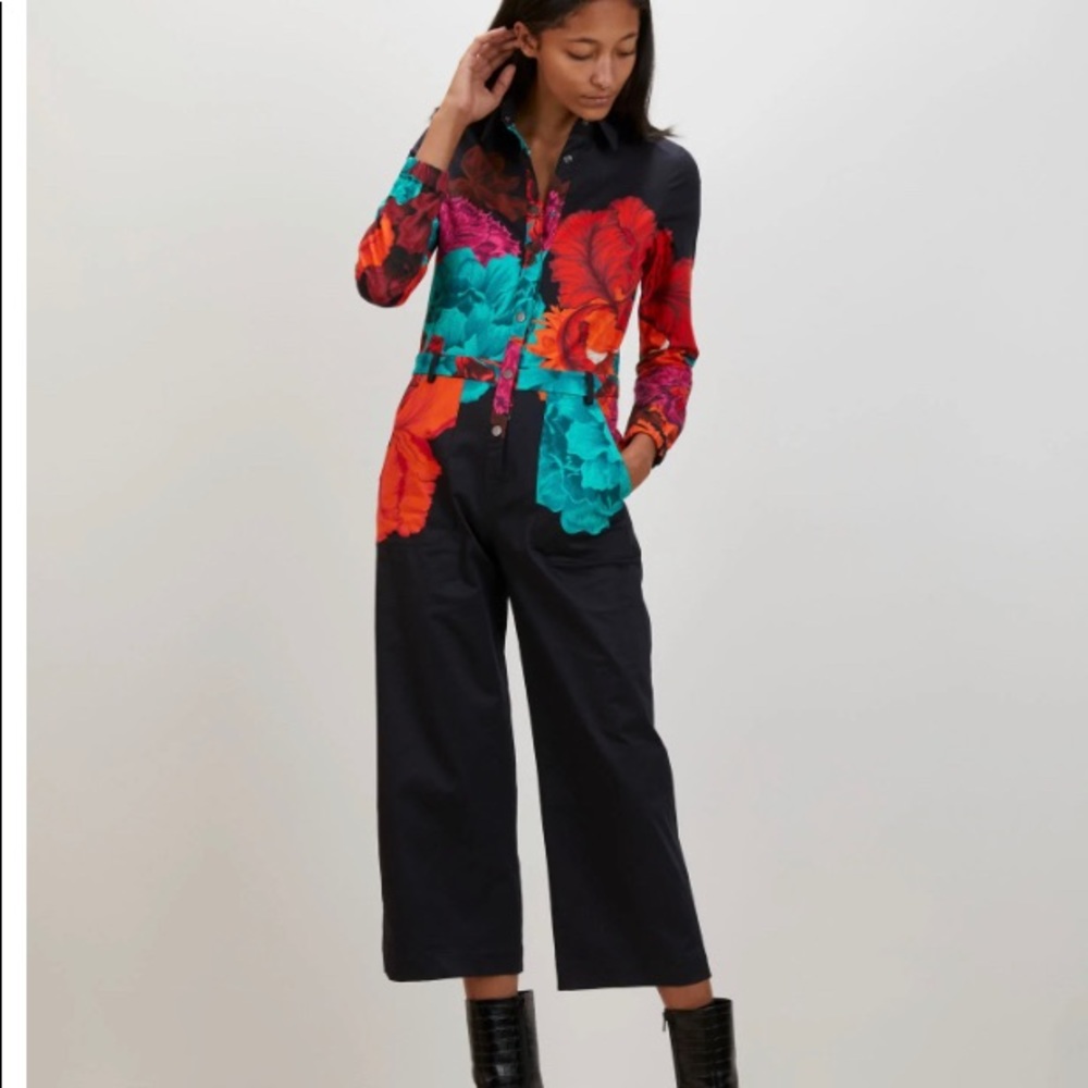 Floral Print Long-Sleeve Jumpsuit in Black and Teal